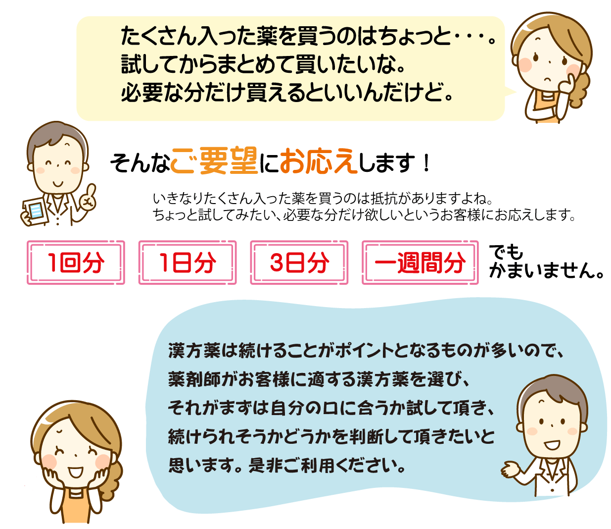 いきなりたくさん入った薬を買うのは抵抗がありますよね。 ちょっと試してみたい、必要な分だけ欲しいというお客様にお応えします。1 回分、 1 日分、 3 日分、一週間分でもかまいません。漢方薬は続けることがポイントとなるものが多いので、薬剤師がお客様に適する漢方薬を選び、それがまずは自分の口に合うか試して頂き、続けられそうかどうかを判断して頂きたいと思います。是非ご利用ください。